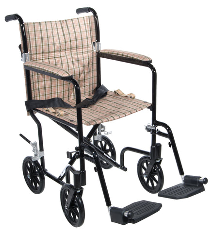 Flyweight Lightweight Folding Transport Wheelchair, 19", Black Frame, Tan Plaid Upholstery- Case
